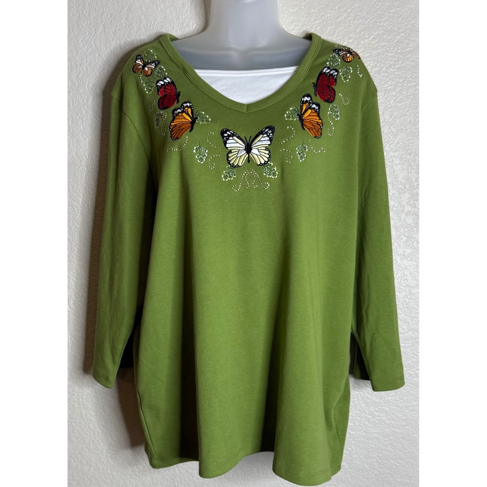 Margaux & Lexi Womens XXL Shirt‎ Green Butterfly Embroidered 3/4 Sleeve V Neck